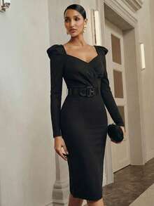 Anewsta Váy bodycon tay bồng cổ chữ V gợi cảm kiểu Pháp cạp cao xẻ tà dành cho nữ - màu đen - Xem 4