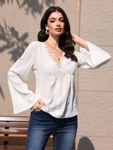 Mulvari Women's French Style Summer Beach Vacation V-Neck Long Sleeve Lace Trim Shirt Lantern Sleeve Blouse White Boho Top V Neck Blouse White Long Sleeve Blouse New Arrival Blouse Blouse For Women Casual Elegant - White - View 8