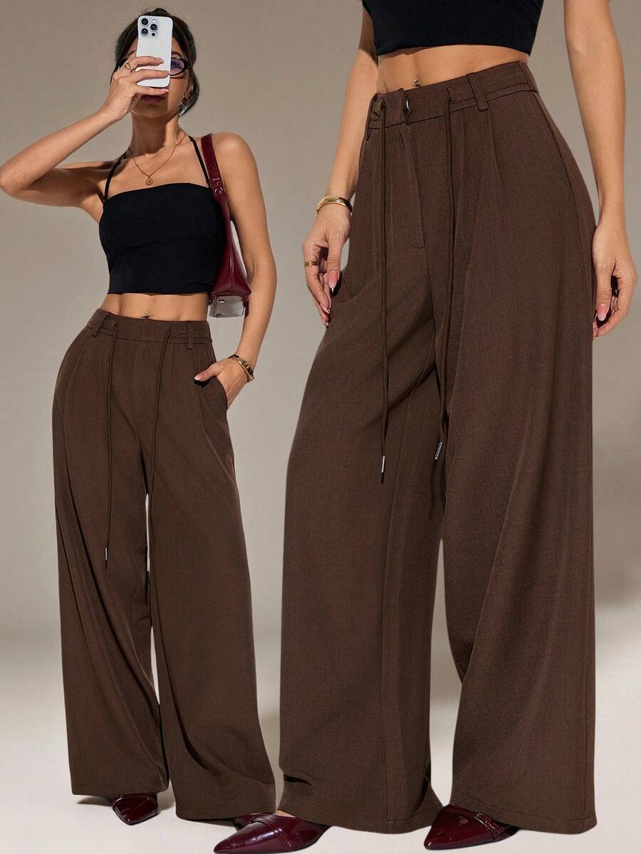 SHEIN PETITE Women's Solid Color High Waist Pockets Wide Leg Loose Pants, Suitable For Spring/Summer, Daily Wear, Commuting - Coffee Brown - View 1