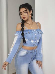 SHEIN PETITE Women's Off-Shoulder Long Sleeve Distressed Denim Short Jacket - Blue - View 5