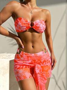 Swim Vcay 3件套女士泳衣比基尼泳装迷你连衣裙罩衫夏季棕榈热带印花四季皆宜的时尚套装，派对、约会必备，完美搭配音乐节和街头服饰，节日时尚 | 泳池和度假 | 蕾丝上衣，女士上衣，女士泳装 - 橘色 - 查看 1