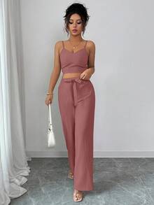 Elenzga petite 女款休閒純色高腰吊帶背心與寬腿褲套裝，優雅兩件式套裝，適合嬌小女性 - 玫瑰紅 - 查看 5