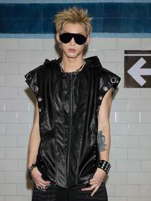 ROMWE MEN Goth Men's PU Leather Hooded Zipper Jacket With Eyelets, Fashionable And Versatile For Daily Wear - Black - View 10