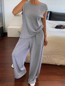 DAZY Minimalist Knit Sleeveless Women Pajama Set - Grey - View 1