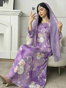 SHEIN Vestido árabe tradicional de manga larga, cuello redondo y ajuste holgado con estampado floral para adolescentes - Morado - Ver 3