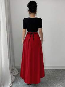 Vestido de mujer qipao elegante y entallado a la cintura, con manga corta, cuello cuadrado, diseño de lazo en la cintura y estampado floral de estilo chino novedoso - Multicolor 10 - Ver 2