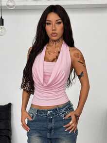 Coolane 女士夏季文艺复兴集市西部牛仔风Y2K辣妹风垂褶领修身露背串珠吊带上衣 - 淺粉色 - 查看 4