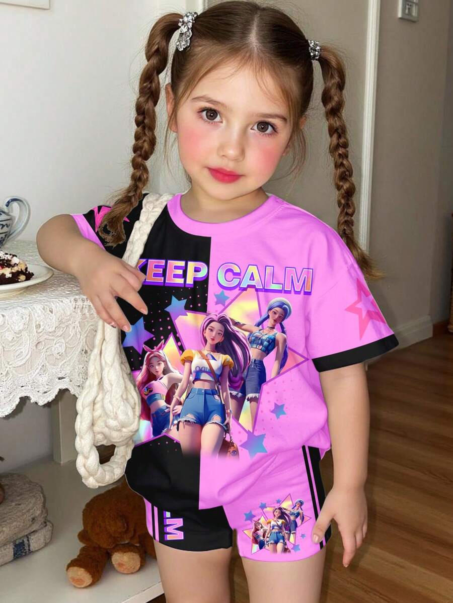 SHEIN 两件套少女字母卡通印花短袖T恤和短裤，休闲简约夏季套装，适合校园、运动、户外、街头风、居家穿着。 - 彩色 - 查看 1