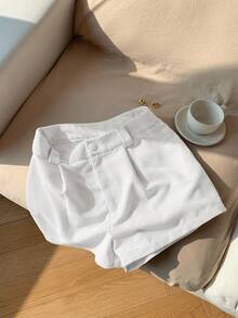 Comfortcana Women's Solid Color Pleated Shorts With Ring, New Corduroy Design - White - View 1