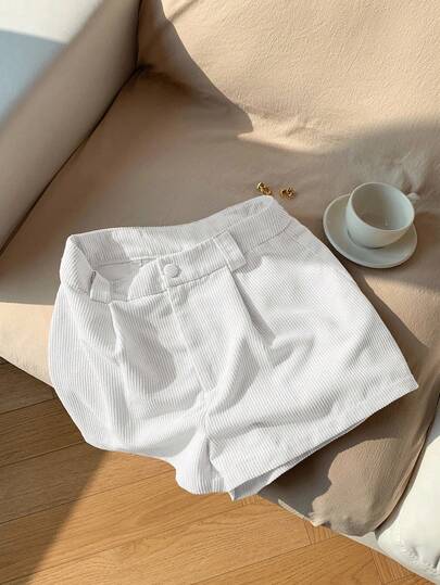 Comfortcana Women's Solid Color Pleated Shorts With Ring, New Corduroy Design