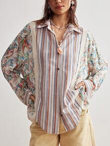 Bohemela Women's Casual Boho Woven Patchwork Long Sleeve Loose Blouse For Summer Holiday Vacation Beige - Multicolor - View 5