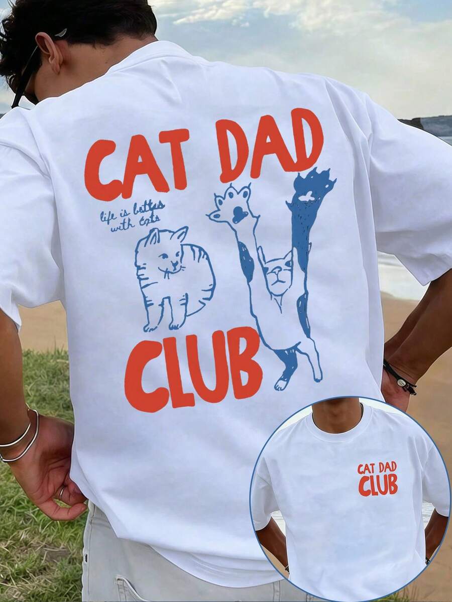 Manfinity Dauomo 男士猫爸T恤，猫爸T恤，猫爸俱乐部T恤，背面设计趣味猫咪图案T恤，爱猫人士，新款猫爸T恤，宠物家长，休闲宽松印花T恤，舒适透气日常穿着 - 白色 - 查看 1