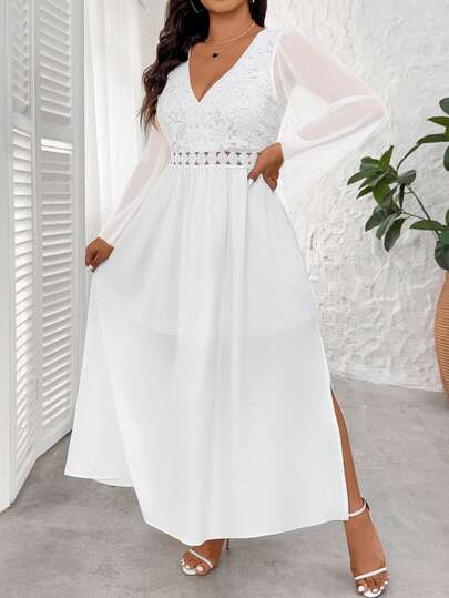 Elenzga 大码女式V领花卉刺绣图案优雅收腰派对连衣裙