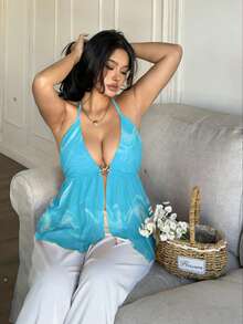 Sunnyshic Plus Size Deep V-Neck Spaghetti Strap Backless Camisole - Blue - View 5
