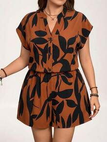 Comfylo Bộ jumpsuit mùa hè cỡ lớn phong cách boho với họa tiết hình học bất đối xứng dành cho nữ - màu nâu - Xem 6