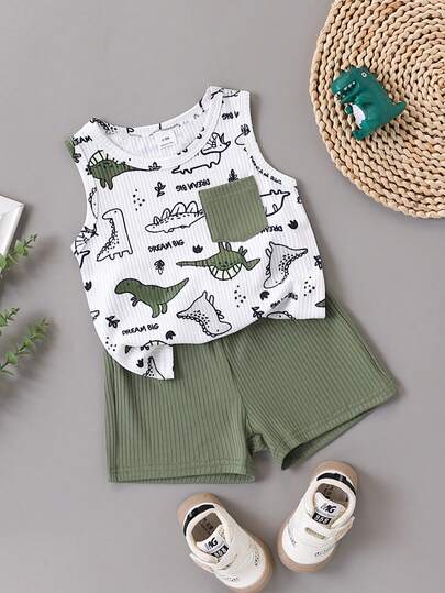 SHEIN 男宝宝卡通恐龙印花无袖背心+纯绿色短裤套装，活泼可爱，适合户外探险、舒适居家穿着以及欢乐派对时光
