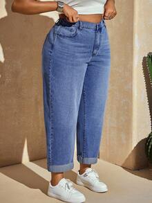 Slaydiva Plus Size Solid Color Casual Jeans Curve Jeans Plus Size Plus Size Jeans High Waisted Jeans Plus Size Curve Denim Plus Size Denim - Medium Wash - View 4