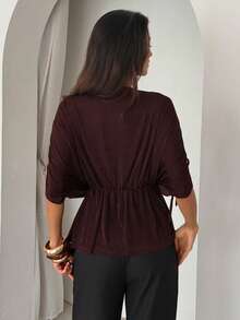 Aloruh Women's Brown Deep V-Neck Loose Ruched Tie Waist Ruffle Hem Shiny Short Sleeve Blouse - Brown - View 3