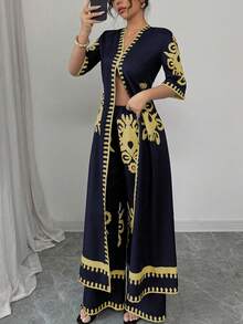 Rafferiza 优雅度假风V领短袖衬衫搭配松紧腰印花梭织长裤两件套，女士春夏款 - 彩色 - 查看 3