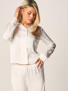 MISSGUIDED Women's Lace Detail Long Sleeve Button Down Shirt And Wide Leg Pant Pajama Set Sleepwear Loungewear Nightwear - White - View 4