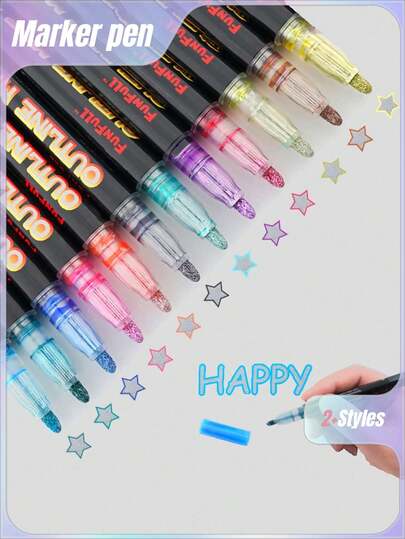 Set de 12 marcadores de contorno de doble línea, marcadores de contorno con brillo súper rizados, marcadores metálicos de auto-contorno para escritura, dibujo, tarjetas de cumpleaños, manualidades DIY, cerámica y regreso a clases