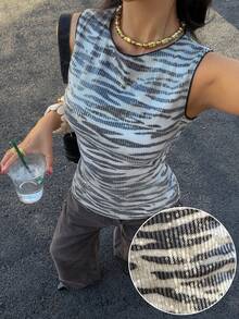 Siren Gaze Women's Sequin Zebra Print Slim Fit Sleeveless Tank Top, Summer - Black and White - View 1