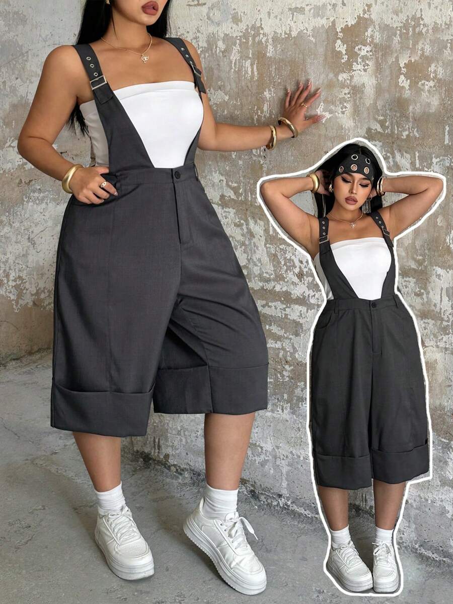 POPSWAY Spring/Summer New Elegant Fashion Casual Design Adjustable Buckle Strap Pants, Cuffed Hem 7/8 Length High Waist Wide Leg Loose Fit Versatile Casual Pants For Women - Dark Grey - View 1