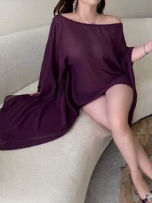 Vibekara Blusa Plus Size de Chiffon Semitransparente com Decote Redondo, Manga Morcego, Costas Nuas e Corrente. Solta e Sexy. - Roxa - Ver 6