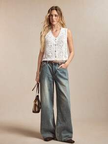 BizChic Áo dệt kim không tay kiểu khoét rỗng dành cho nữ, cài khuy đơn. - trắng - Xem 6