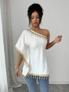 SHEIN Elenzya Women's Casual Elegant Lace Patchwork One Shoulder Blouse, Summer - Apricot - View 5