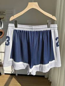 Comfortcana Quần short mùa hè cỡ lớn, kiểu dáng thường ngày, phối màu, in chữ. - Màu xanh lam - Xem 2