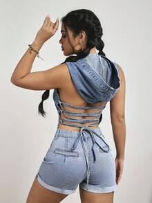 SHEIN PETITE 女士性感系带露背连帽牛仔外套，夏季 - 藍色 - 查看 1