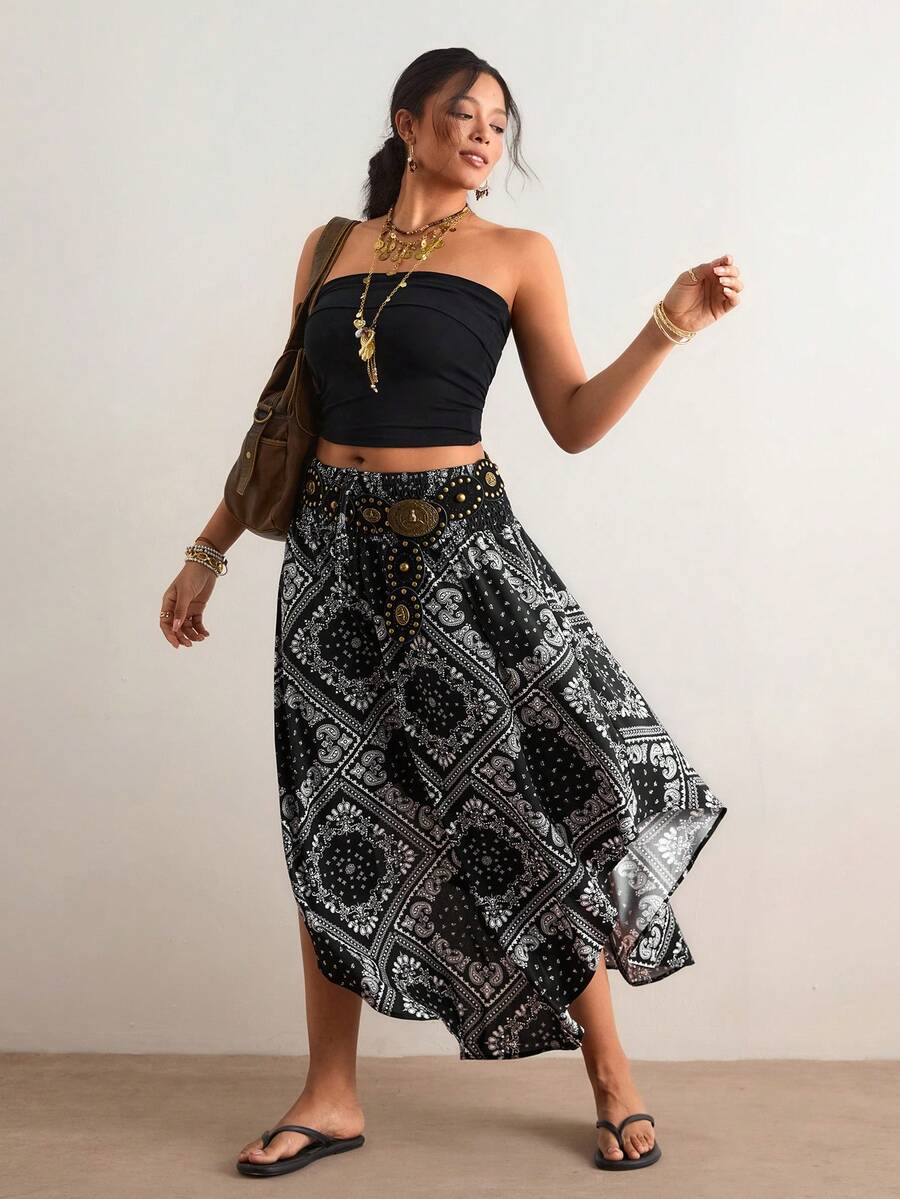 Freevana 加大码纯色弧形下摆系带夏季半身裙 - 黑色 - 查看 1