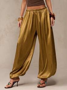 SHEIN BAE Pantalon bouffant en couleur unie à taille élastique, polyvalent et décontracté pour un port quotidien. Pantalon d'été à rayures colorées, pantalon large d'été, pantalon décontracté, pantalon de jogging, pantalon en satin, pantalon bouffant - Vert olive - Voir 2