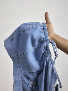 SHEIN PETITE Women's Off-Shoulder Long Sleeve Distressed Denim Short Jacket - Blue - View 7