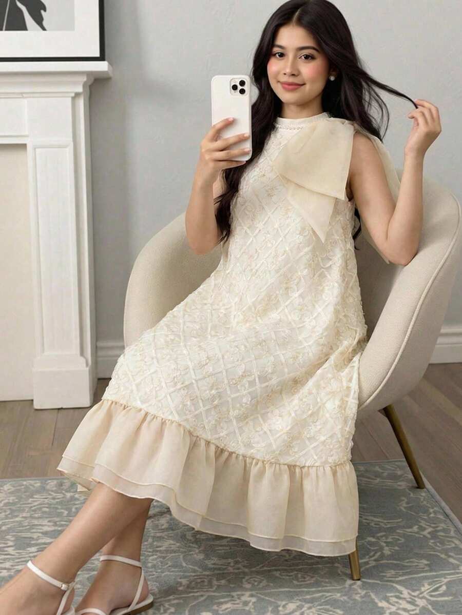 Đầm midi xếp ly thanh lịch cho bé gái tuổi teen, tay phồng thêu ren, đính nơ, màu trắng, thích hợp cho đám cưới, tiệc tùng, lễ kỷ niệm. - trắng - Xem 1