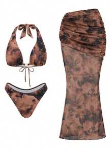 Swim Oasis 女士露背吊带随机印花泳衣带裙 - 咖啡棕 - 查看 8