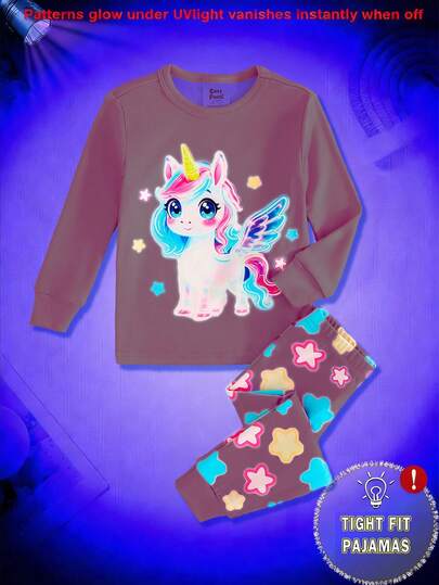 Cozy Pixies Baby Girl Cartoon Unicorn Pattern Knit Soft Crew Neck Long Sleeve Top And Elastic Waist Long Pants Snug Fit 2 Pieces Pajama Set