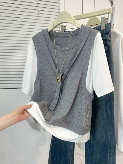 SHEIN Franclia 女士新款圆领短袖撞色拼接二合一T恤，简约通勤休闲T恤，春夏款