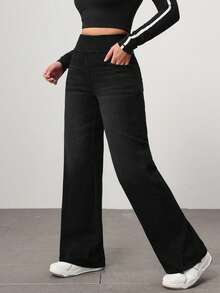 Flexra Petite Solid Color Elastic Waist Casual Versatile Jeans Custom-Designed For Petites. A Perfect Fit For The 150-160cm Build - Black - View 4