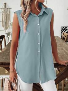 SHEIN LUNE 女士优雅休闲西部乡村风格纯黑色立领短袖长款喇叭下摆衬衫 - 淺灰色 - 查看 4