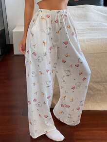 DAZY 可爱兔子印花女士睡裤 - 白色 - 查看 6