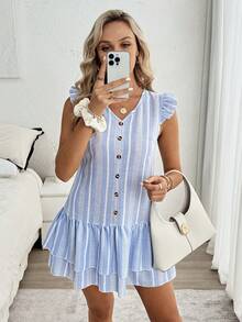 Louniche Women's Casual Vacation Textured Striped V-Neck Cap Sleeve Double Hem Short Dress, Spring/Summer - Blue - View 3