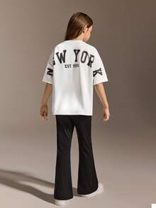 Girls Casual Set, Loose Fit Round Neck Top With Classic Small Letter Design, Paired With Flared Loose Fit Pants, Soft And Skin-Friendly Fabric, Suitable For Daily Wear, Casual And Holiday - White - View 6