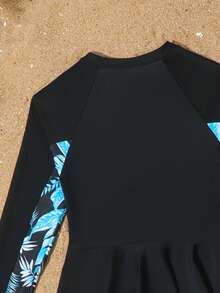 SHEIN 少女随机印花吊带泳衣，防晒 - 黑色 - 查看 4