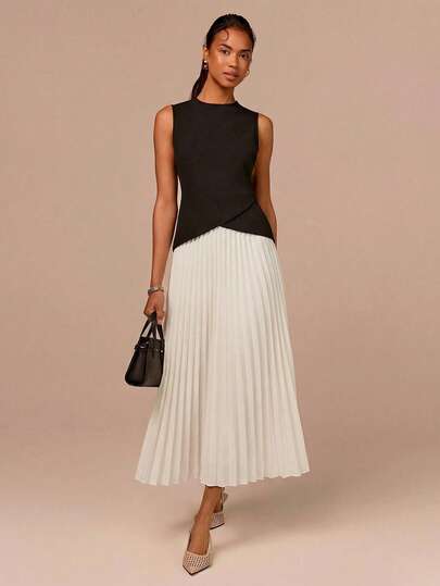 COSMINA Vestido largo plisado de contraste negro y blanco sin mangas, vestido plisado minimalista elegante y casual para ir al trabajo, vestido moderno