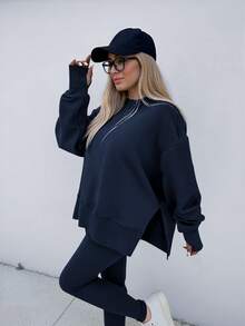 INAWLY Women's Solid Color Drop Shoulder Round Neck Loose Casual 2 Pieces Set - Navy Blue - View 5