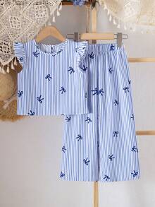 Elladie kids Young Girl Textured Fabric Short Sleeve Button Back T-Shirt & Casual Long Pants 2-Piece Set - Blue - View 2