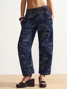 Bohemela Women's Low-Rise Paisley Print Jeans,Navy Blue Floral,Summer,Boho,Vacation Cinched Waist Loose-Fitting Carrot Skinny Jeans,Fashionable Y2K Dark Blue - Dark Wash - View 3