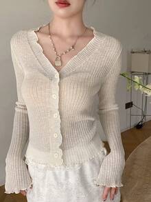 FRIFUL 女士时尚休闲针织罗纹薄开衫 - 白色 - 查看 3